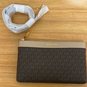 Brown and Tan Michael Kors Clutch/Crossbody with Strap